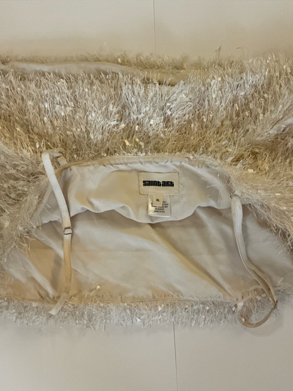 Cream Shaggy Tinsel Sequin Cami Crop Top Sparkly Holiday Festival XL - Picture 5 of 6